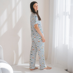 Woman wearing the Ladies Miffy Peek-a-Boo Blue bamboo pyjama set