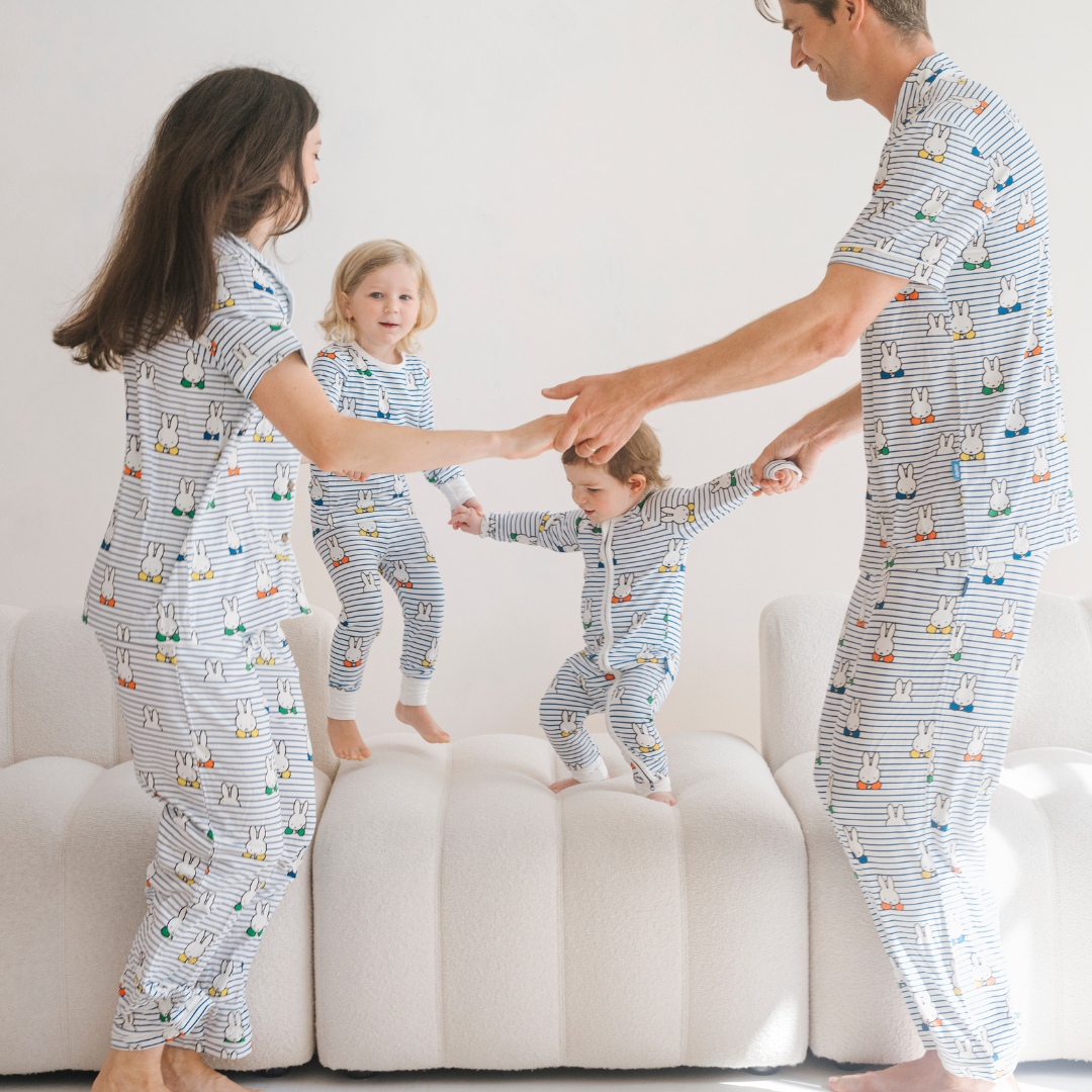 Woman wearing the Ladies Miffy Peek-a-Boo Blue bamboo pyjama set